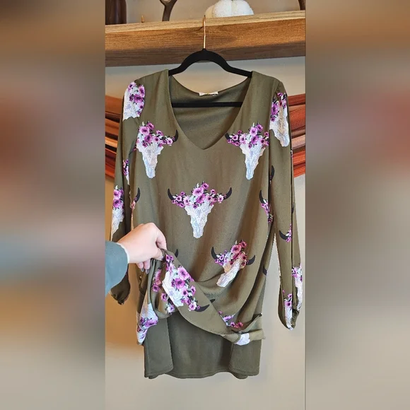Altar'd State - Olive Green Dress w/ Purple/Pink Floral Skull Print - Picture 3 of 10